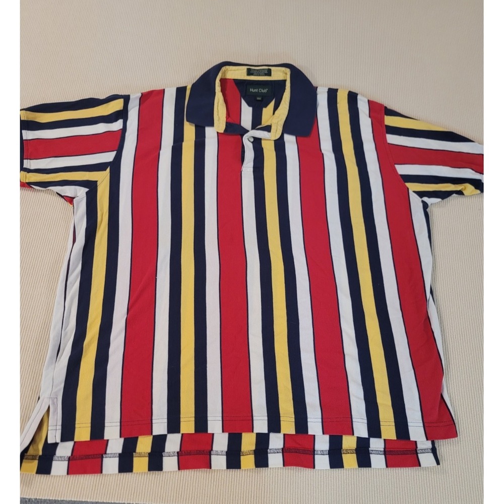 90's Chaps Hunt Club polo classic stripes White pop collar red yellow white